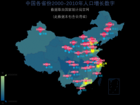 中国各省份2000-2010年人口增长数字 [地理坐标,地图,散点图]